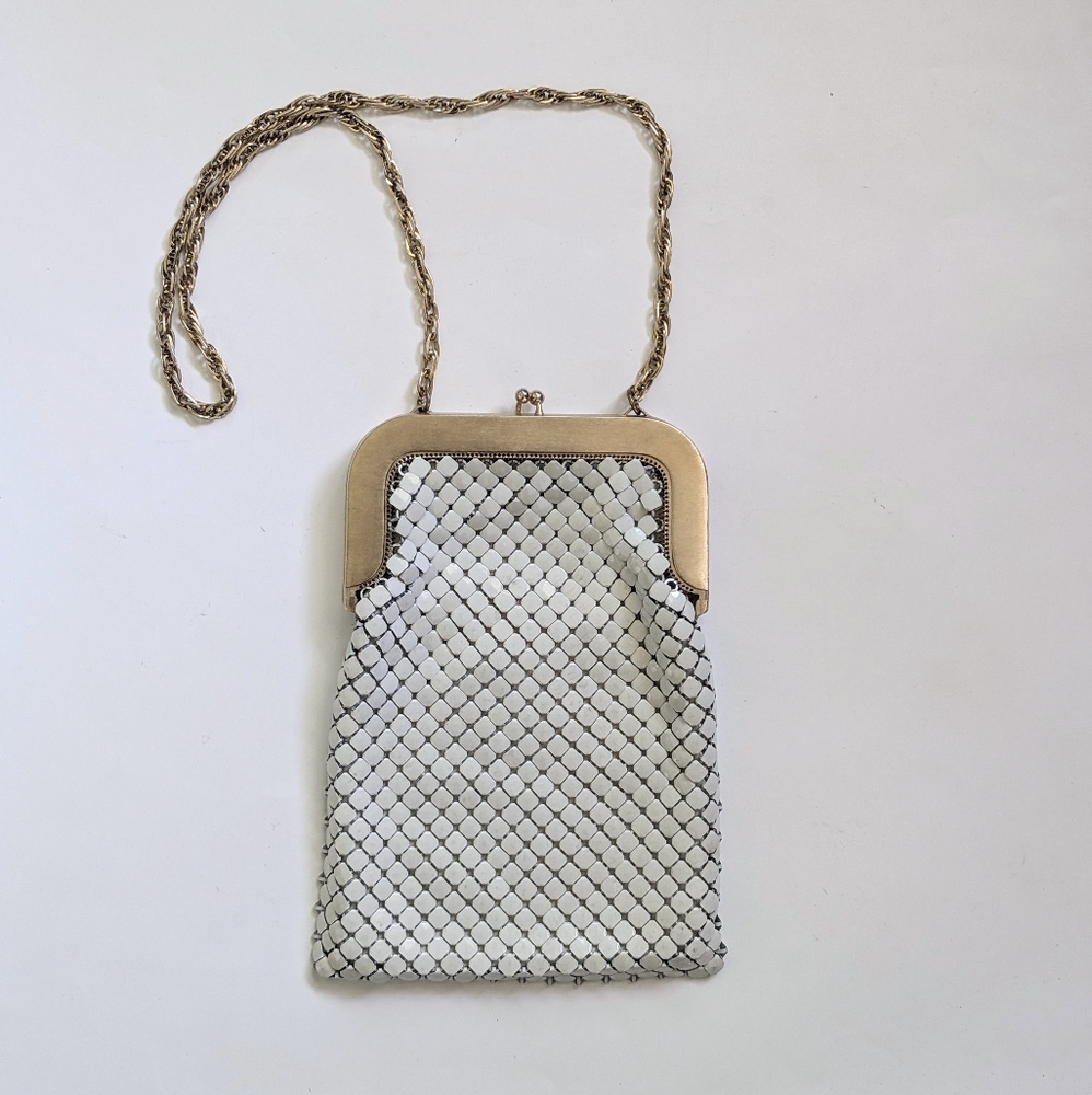 1940s Vintage Whiting & Davis White Metal Mesh Handbag with Gold Chain Strap